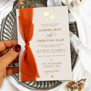 Elegant Fall Leaves Modern Ribbon Wedding Gold Foil Invitation