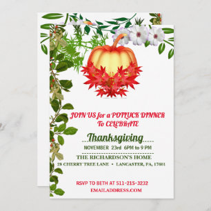 Elegant Fall Leaves Pumpkin Thanksgiving Dinner Invitation