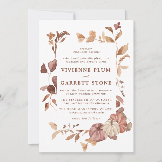 Elegant Fall Leaves Pumpkins Minimalist Wedding In Invitation (Front)