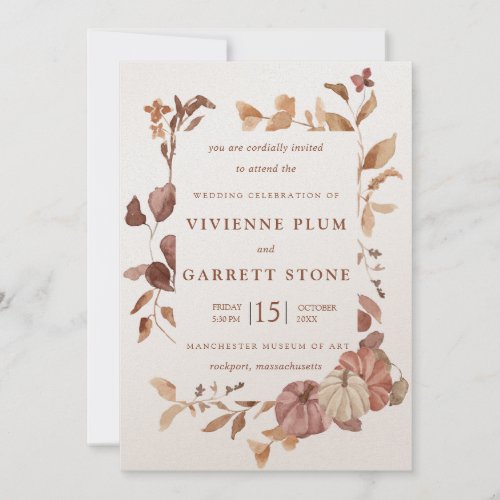 Elegant Fall Leaves Pumpkins Minimalist Wedding Invitation
