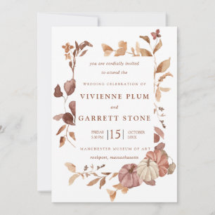 Elegant Fall Leaves Pumpkins Minimalist Wedding Invitation