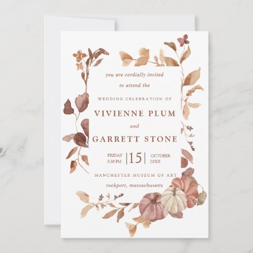 Elegant Fall Leaves Pumpkins Minimalist Wedding Invitation