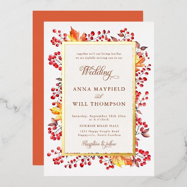 Elegant Fall Leaves Red Berries Frame Wedding Foil Invitation (Front/Back)