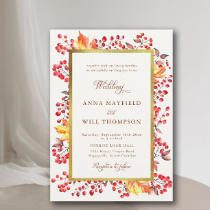 Elegant Fall Leaves Red Berries Gold Frame Wedding Invitation