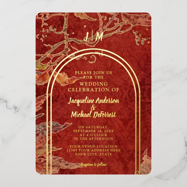 Elegant Fall Leaves Red Gold Foil Modern Arch Foil Invitation (Front)