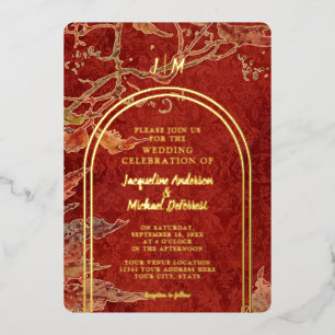 Elegant Fall Leaves Red Gold Foil Modern Arch Invitation