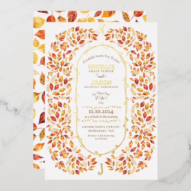 Elegant Fall Leaves Rustic Boho Wedding Foil Invitation (Front/Back)