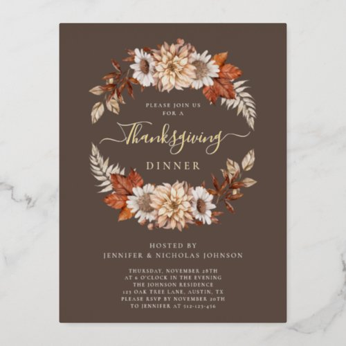Elegant Fall Leaves Thanksgiving Dinner Gold Foil Invitation Postcard