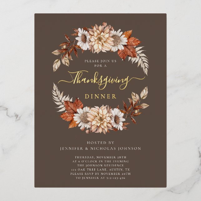 Elegant Fall Leaves Thanksgiving Dinner Gold Foil Invitation Postcard (Front)