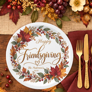 Elegant Fall Leaves Wreath Family Friendsgiving Paper Plates