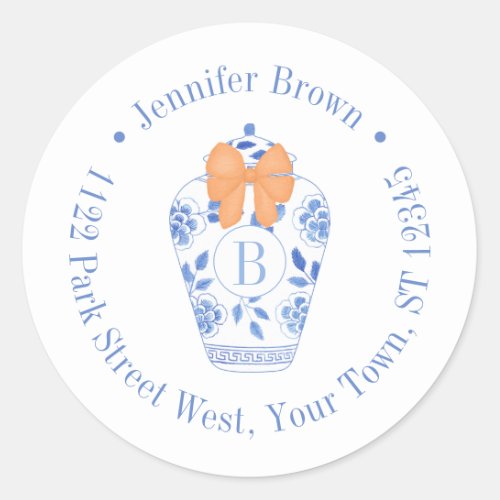 Elegant Fall Monogram Bow Return Address Classic Round Sticker