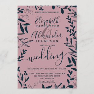 Elegant fall navy blue mauve floral wedding invitation