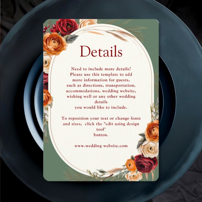 Elegant fall orange sage floral wedding details  enclosure card (Creator Uploaded)