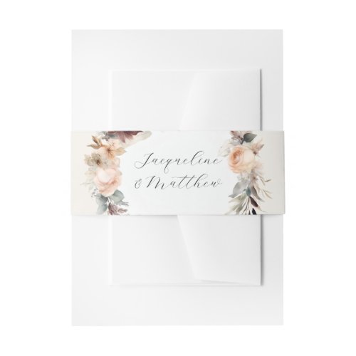 Elegant Fall Peach Floral Sage Watercolor Wedding Invitation Belly Band