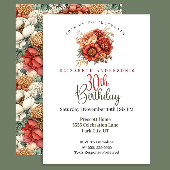 Elegant Fall Peony and Mum 30th Birthday Invitation (Creator Uploaded)
