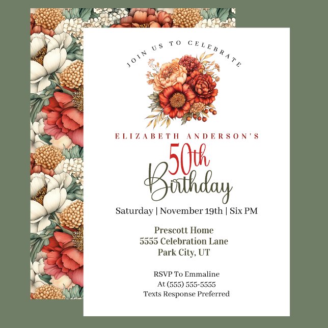Elegant Fall Peony and Mum 50th Birthday Invitation (Creator Uploaded)