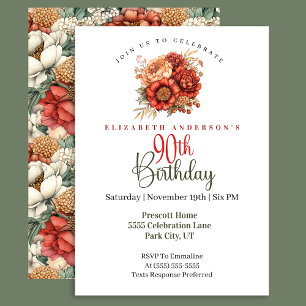 Elegant Fall Peony and Mum 90th Birthday Invitation