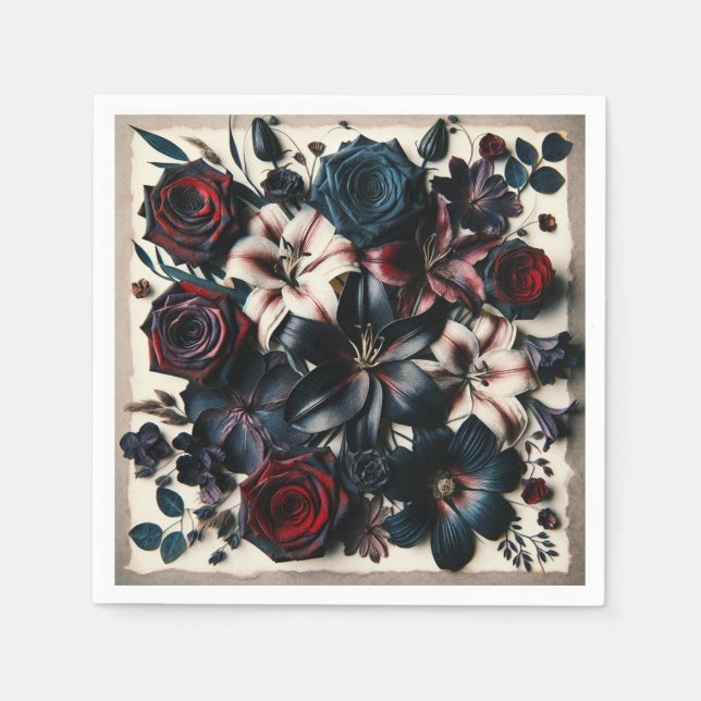 Elegant Fall Pressed Flowers Dark Wedding Napkins (Front)