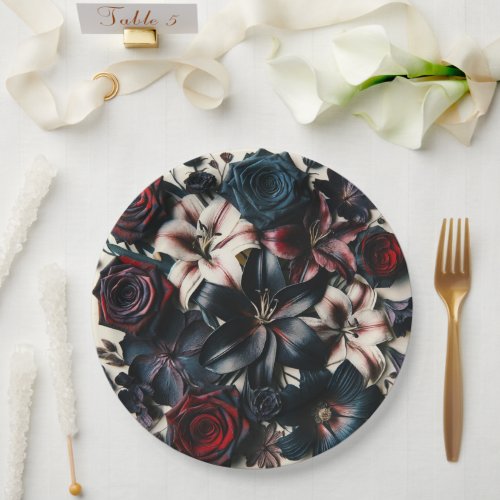  Elegant Fall Pressed Flowers Dark Wedding Paper Plates