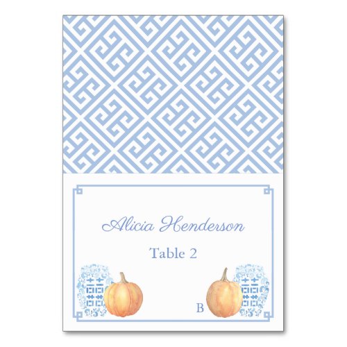 Elegant Fall Pumpkin Blue White Wedding Place Card