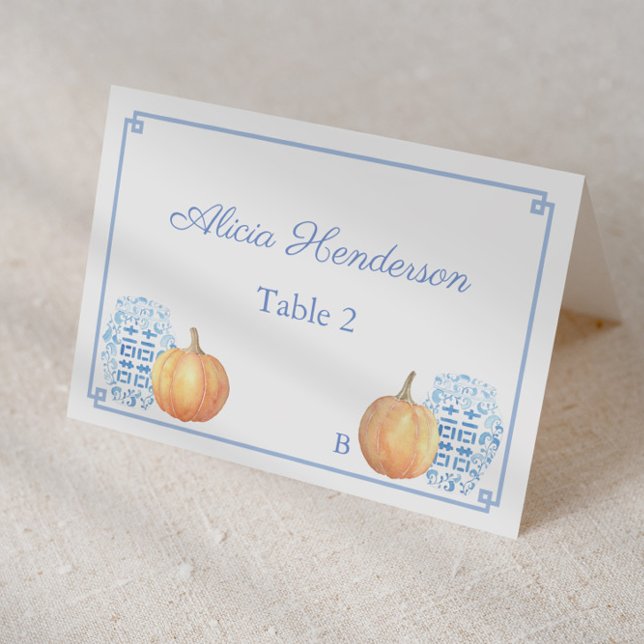 Elegant Fall Pumpkin Blue White Wedding Place Card (Individual place card design featuring watercolor orange pumpkins and preppy ginger jars & greek key)