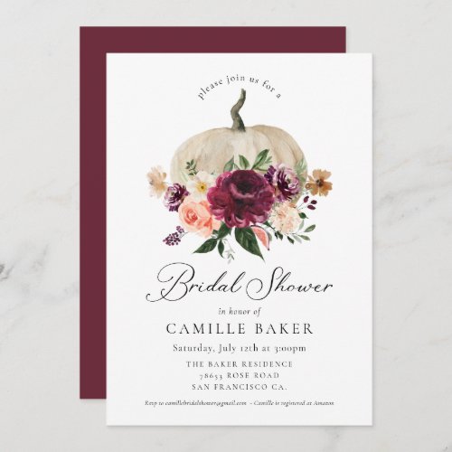 Elegant Fall Pumpkin Burgundy Floral Bridal Shower Invitation