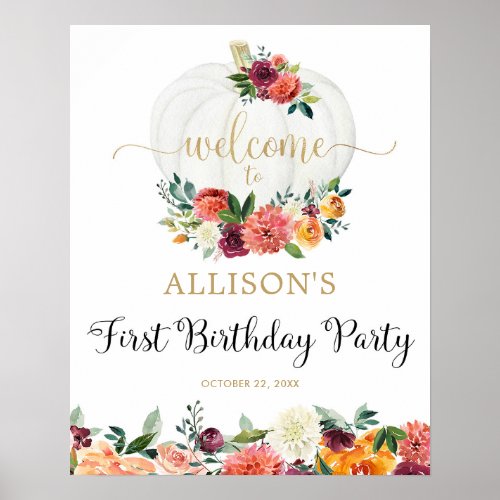 Elegant Fall Pumpkin first birthday welcome sign