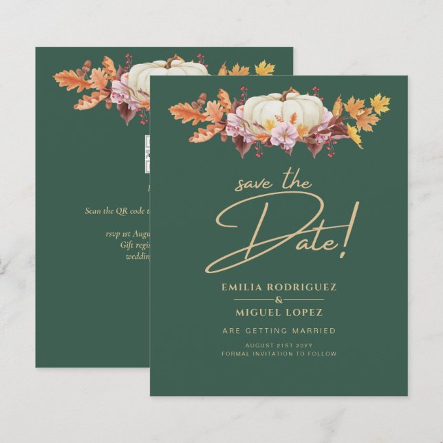 Elegant Fall Pumpkin Green Gold Wedding Save Date (Front/Back)