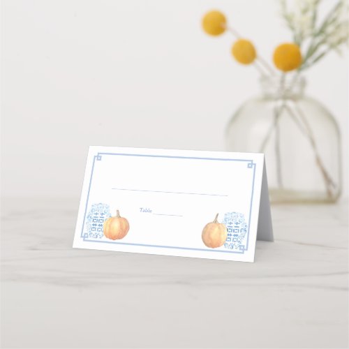 Elegant Fall Pumpkins Blue And White Wedding Lunch Place Card