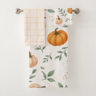 Elegant Fall Pumpkins Leaves Watercolor Pattern Bath Towel Set