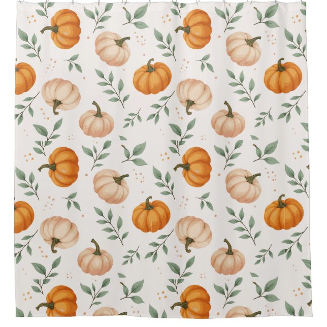  Elegant Fall Pumpkins Leaves Watercolor Pattern Shower Curtain (Front)