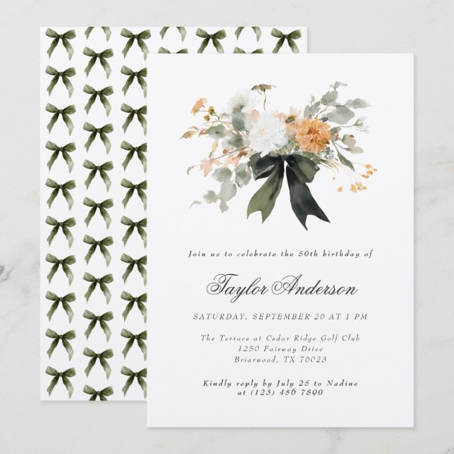 Elegant Fall Ribbon Bow Flower Bouquet Birthday Invitation (Front/Back)