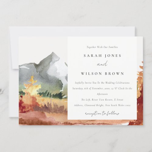 Elegant Fall Rust Orange Mountain Trees Wedding Invitation
