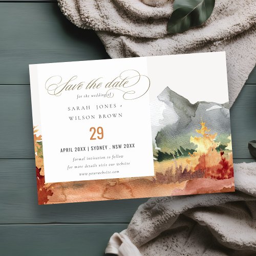 Elegant Fall Rust Orange Mountain Trees Wedding Save The Date