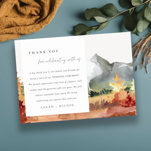 Elegant Fall Rust Orange Mountain Trees Wedding Thank You Card