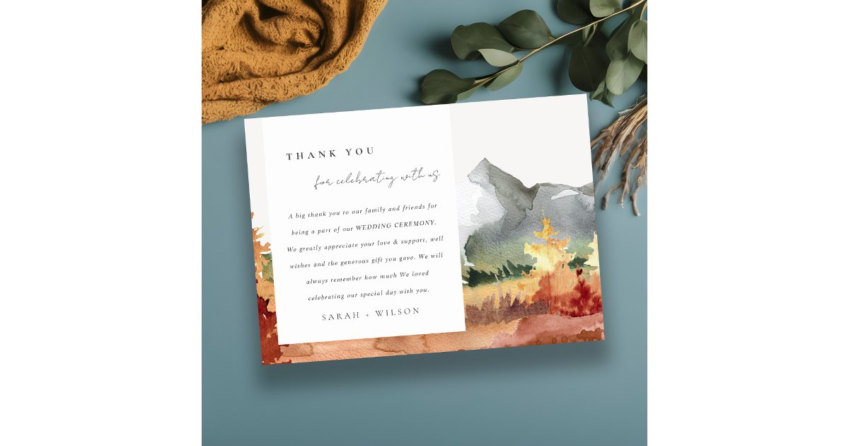 Elegant Fall Rust Orange Mountain Trees Wedding Thank You Card | Zazzle