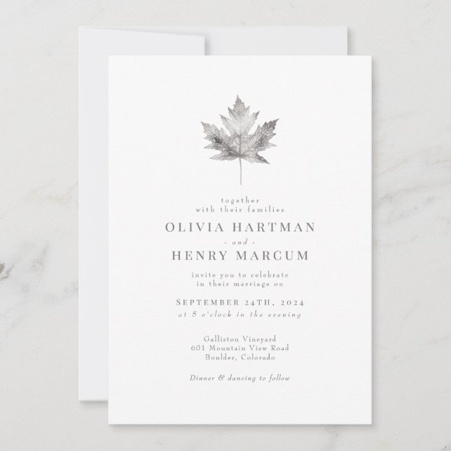 Elegant Fall Silver Maple Leaf Wedding Invitation (Front)