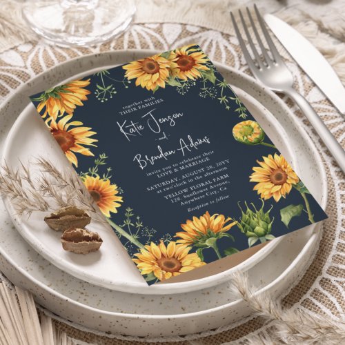 Elegant Fall Sunflower Floral  Navy Wedding Invitation