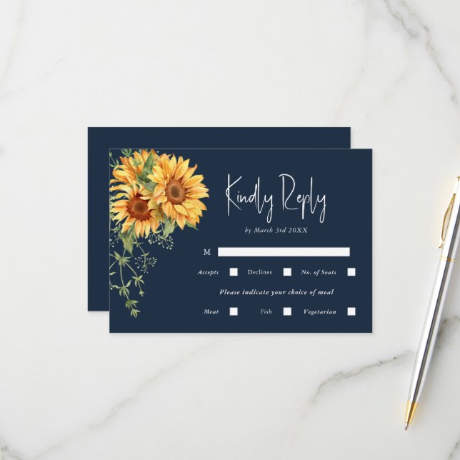 Elegant Fall Sunflower Floral & Navy Wedding RSVP Card (Front/Back In Situ)