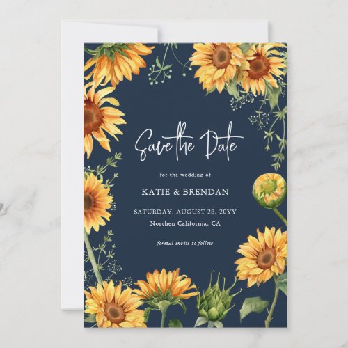 Elegant Fall Sunflower Floral  Navy Wedding Save The Date