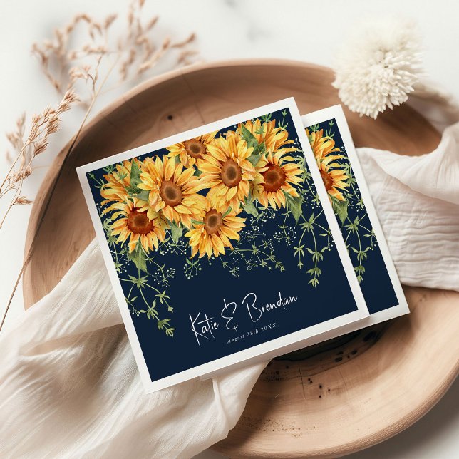 Elegant Fall Sunflower Florals & Navy Wedding Napkins (Creator Uploaded)