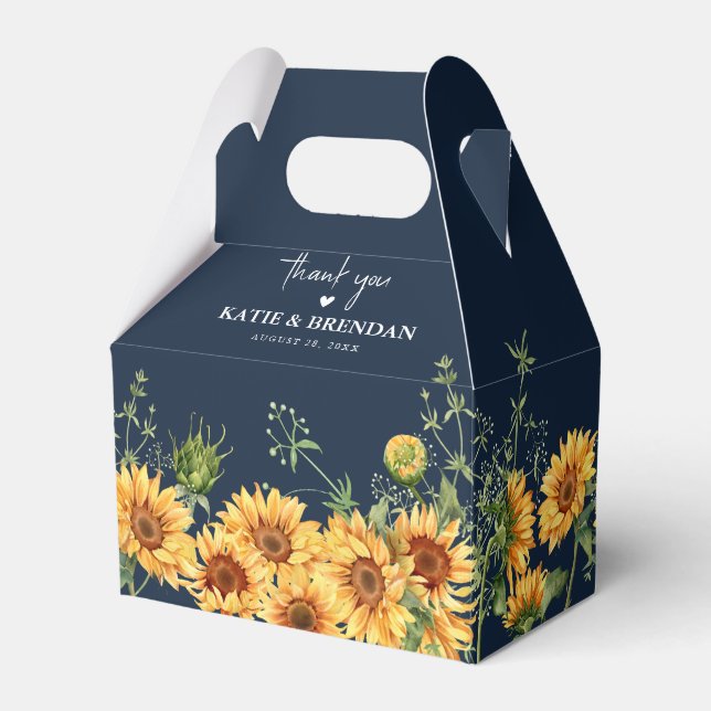 Elegant Fall Sunflower & Navy Thank You Wedding Favor Boxes (Front Side)