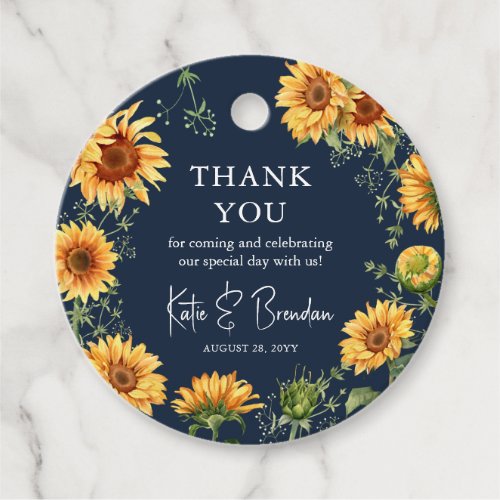 Elegant Fall Sunflower  Navy Wedding Thank You Favor Tags