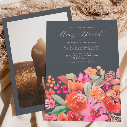 Elegant fall terracotta boho floral photo wedding invitation
