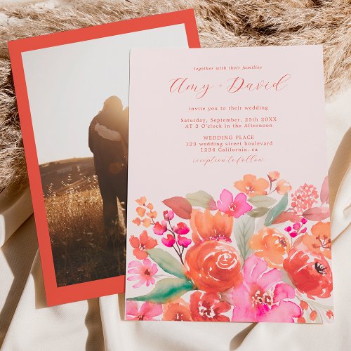 Elegant fall terracotta boho floral photo wedding invitation