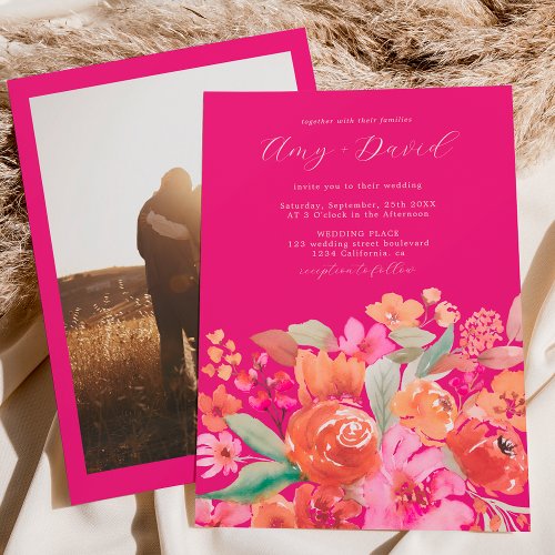 Elegant fall terracotta boho floral photo wedding invitation