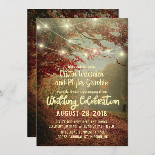 Elegant Fall Trees Rustic String Lights Wedding Invitation (Front/Back)