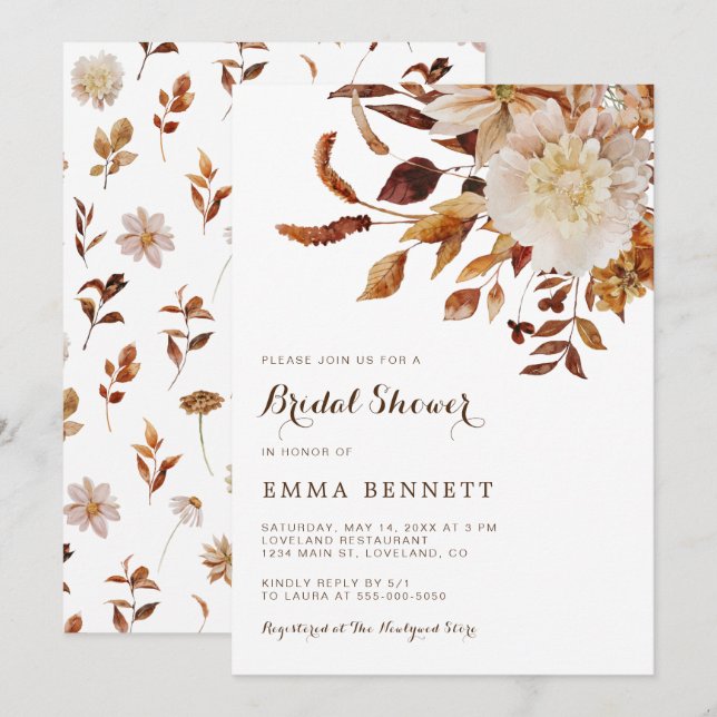 Elegant Fall Watercolor Botanical Bridal Shower Invitation (Front/Back)
