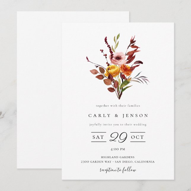 Elegant Fall Watercolor Bouquet Wedding Invitation (Front/Back)