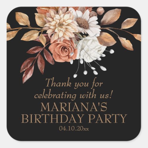 Elegant Fall Watercolor Floral Black Party Favor Square Sticker